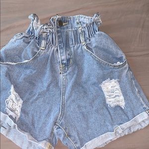 denim paper bag shorts with an elastic waist band!